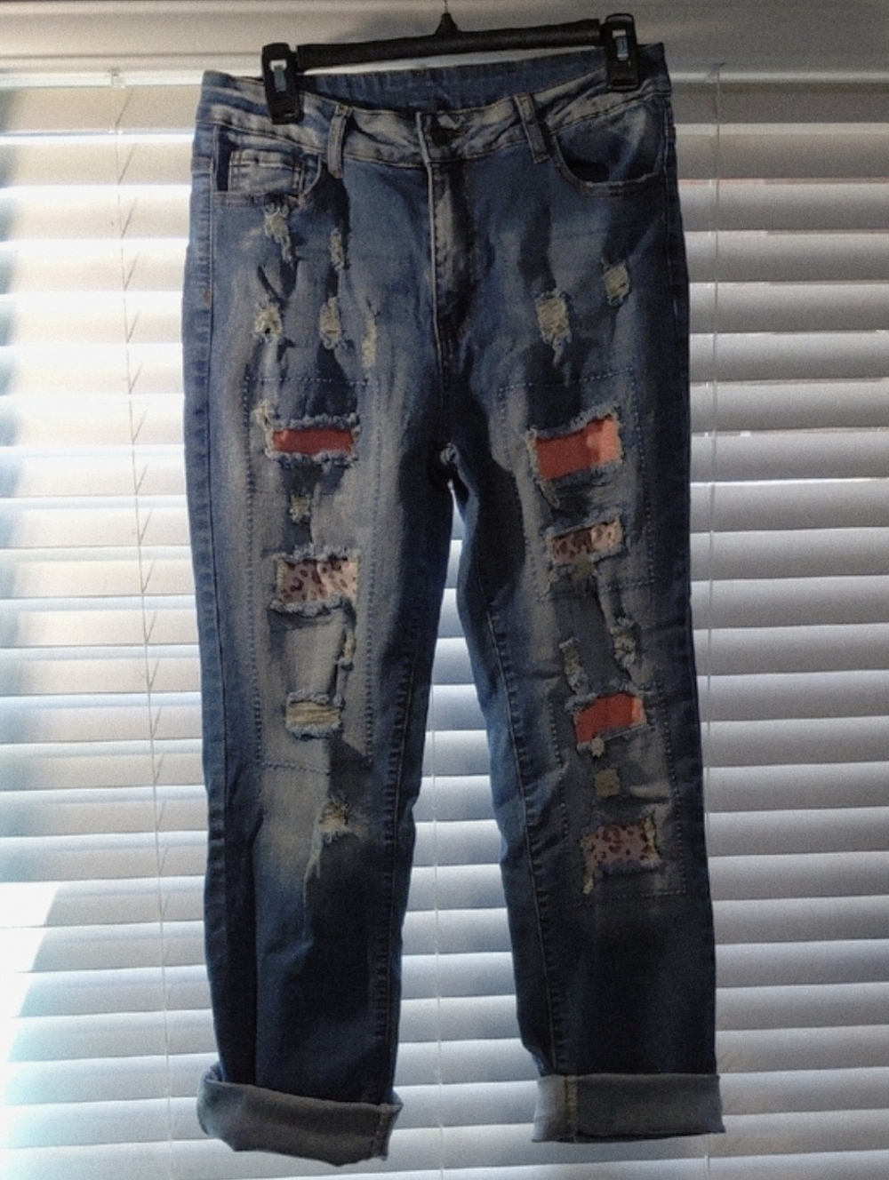 Distressed Patchwork Medium Wash Jeans with Rolled Cuffs